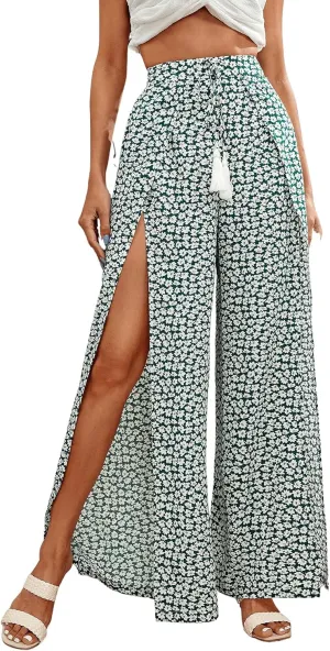 Floerns Women's Ditsy Floral Tie Front Wide Leg Wrap Long Pants