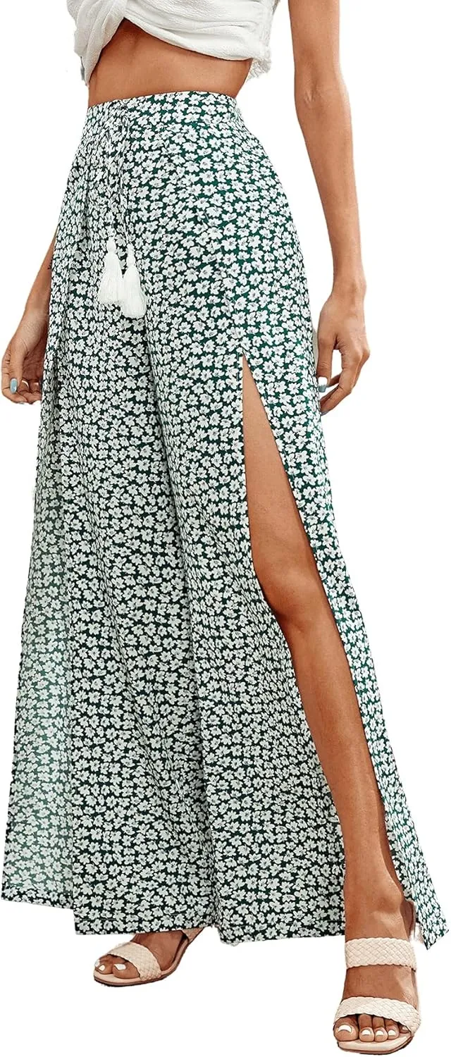 Floerns Women's Ditsy Floral Tie Front Wide Leg Wrap Long Pants