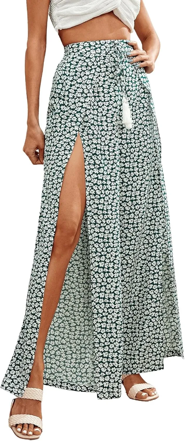 Floerns Women's Ditsy Floral Tie Front Wide Leg Wrap Long Pants