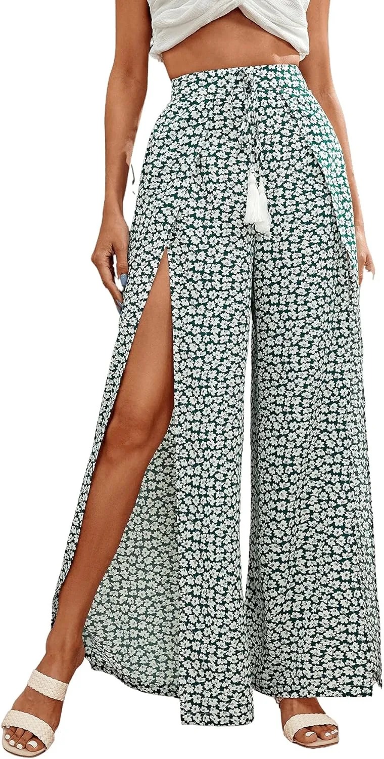 Floerns Women's Ditsy Floral Tie Front Wide Leg Wrap Long Pants