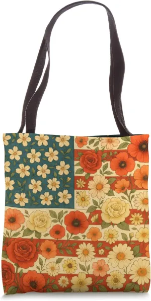 Floral American Flag 4th Of July Women Vintage Flowers USA Tote Bag