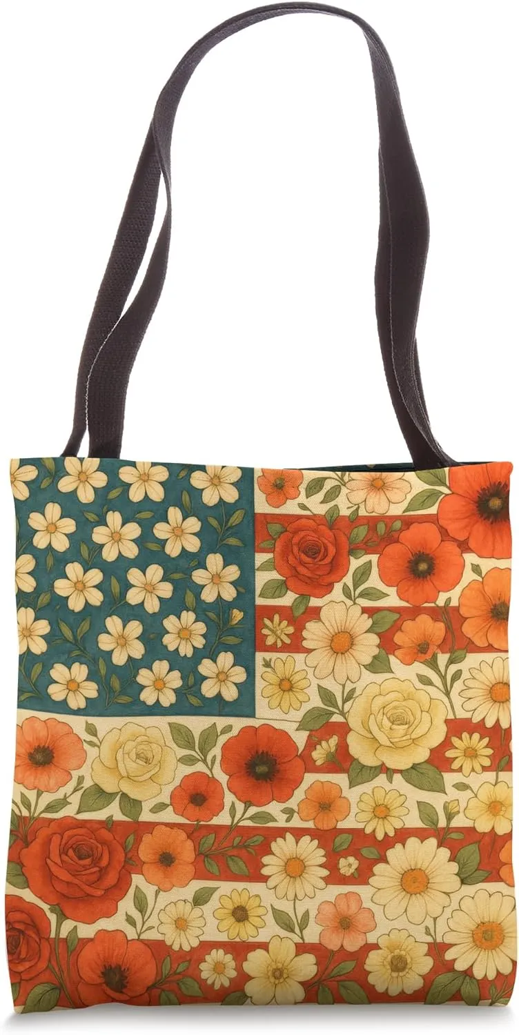 Floral American Flag 4th Of July Women Vintage Flowers USA Tote Bag