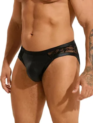 Floral Men's Lace Underwear Faux Leather Pouch Briefs Sexy Sissy Lingerie Panties Black S-2XL