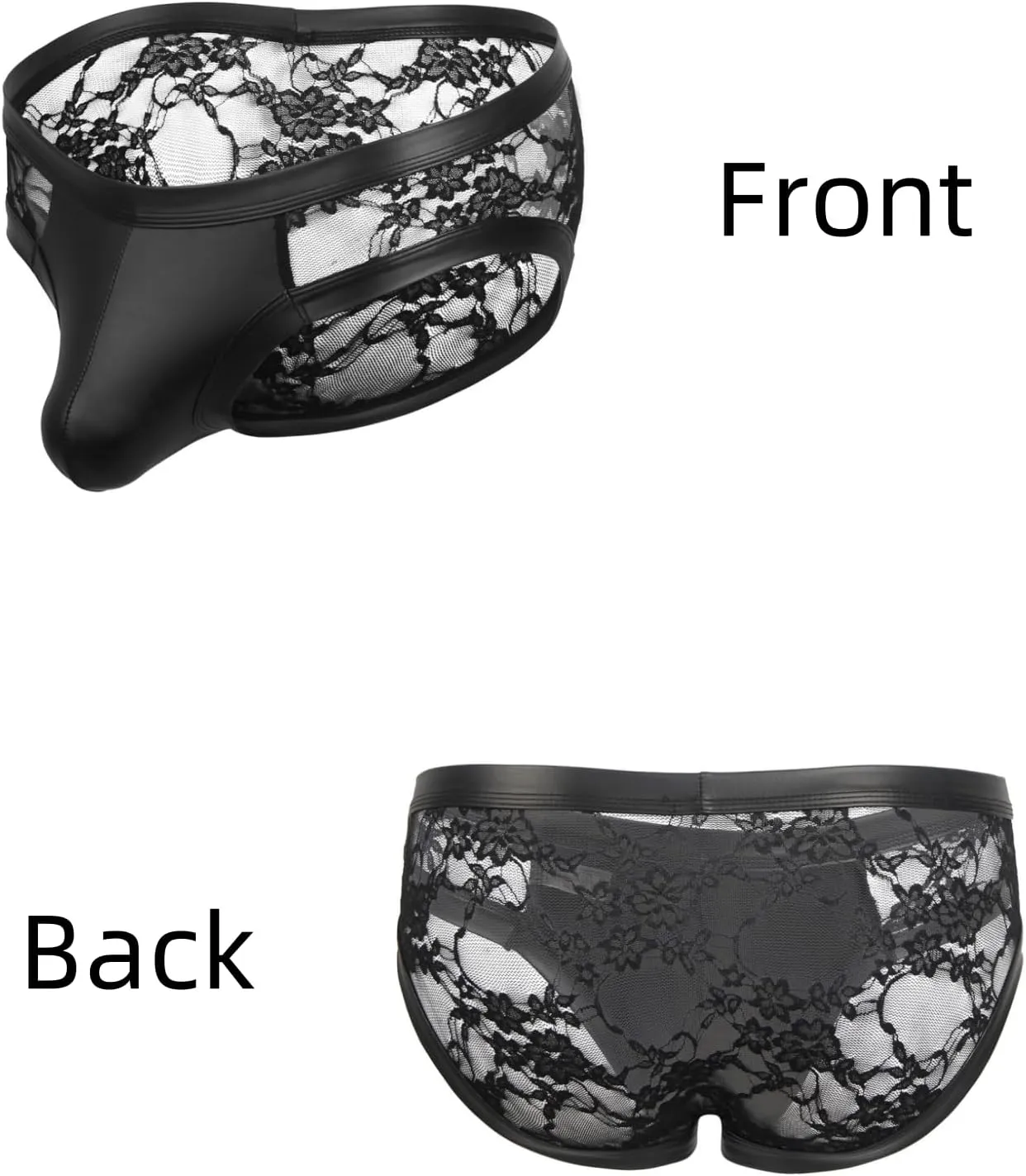 Floral Men's Lace Underwear Faux Leather Pouch Briefs Sexy Sissy Lingerie Panties Black S-2XL