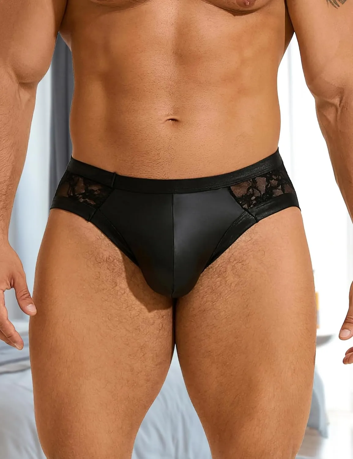 Floral Men's Lace Underwear Faux Leather Pouch Briefs Sexy Sissy Lingerie Panties Black S-2XL