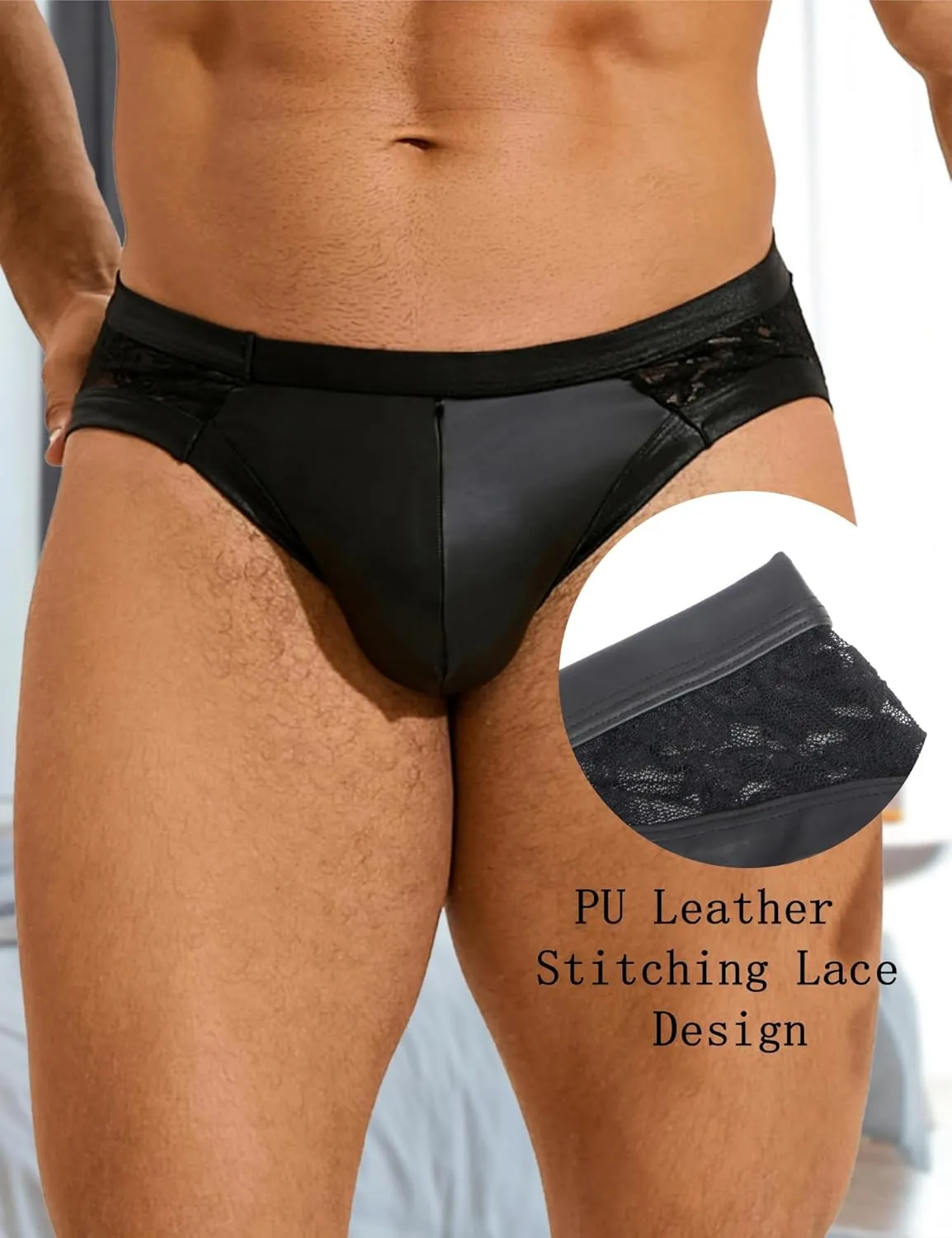 Floral Men's Lace Underwear Faux Leather Pouch Briefs Sexy Sissy Lingerie Panties Black S-2XL