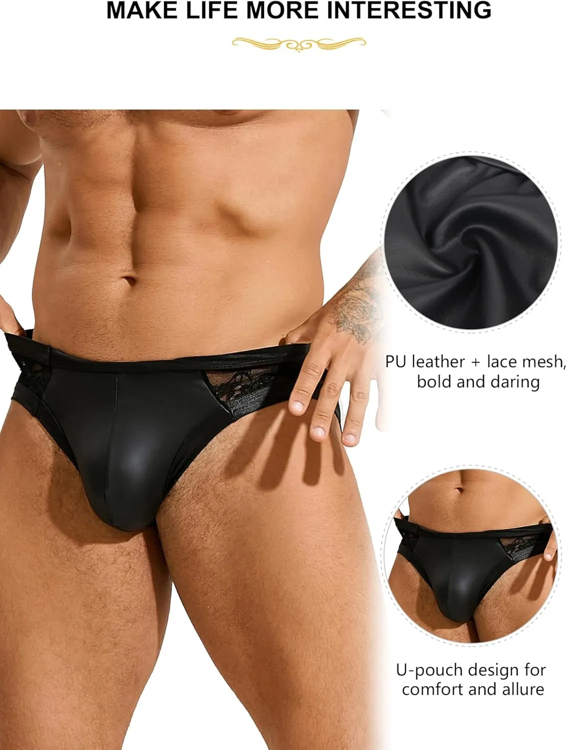 Floral Men's Lace Underwear Faux Leather Pouch Briefs Sexy Sissy Lingerie Panties Black S-2XL
