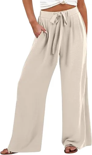 FZVYD Wide Leg Pants for Woman Linen Palazzo High Waisted Drawstring 2025 Summer Casual Business Beach Vacation Pant Trousers