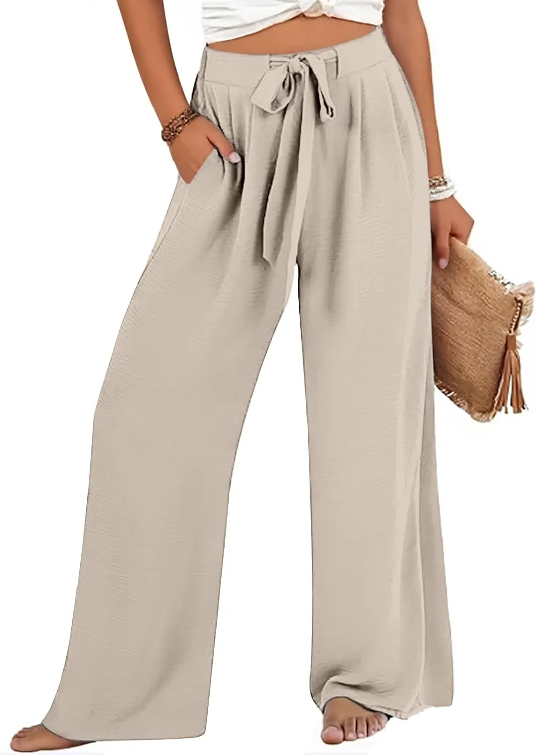 FZVYD Wide Leg Pants for Woman Linen Palazzo High Waisted Drawstring 2025 Summer Casual Business Beach Vacation Pant Trousers