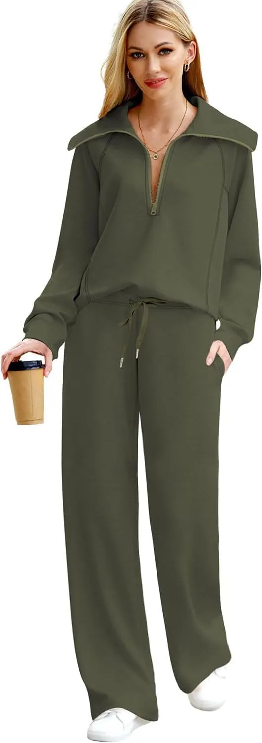 GORIFE Women's 2 Piece Lounge Set Lapel Fall Outfits Long Sleeve Tracksuit Half Zip Sweatsuit Matching Set