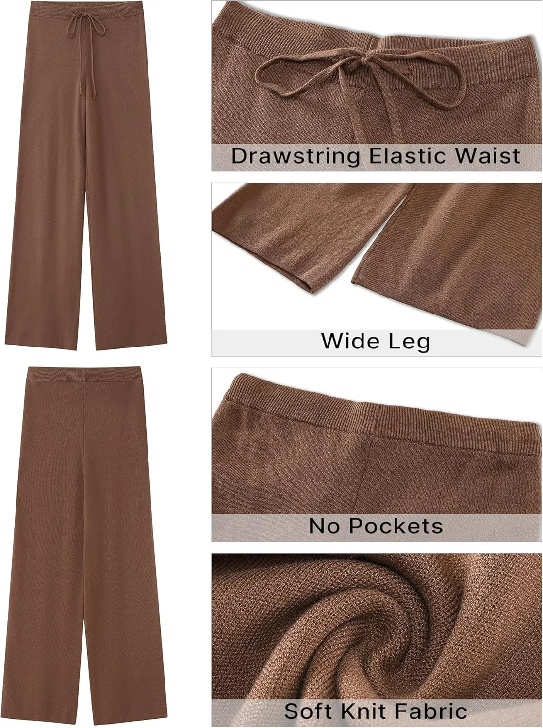 GRAPENT Women's Ribbed Knit Flowy Winter Pants Elastic Waist Tie Front Wide Leg Sweater Pants