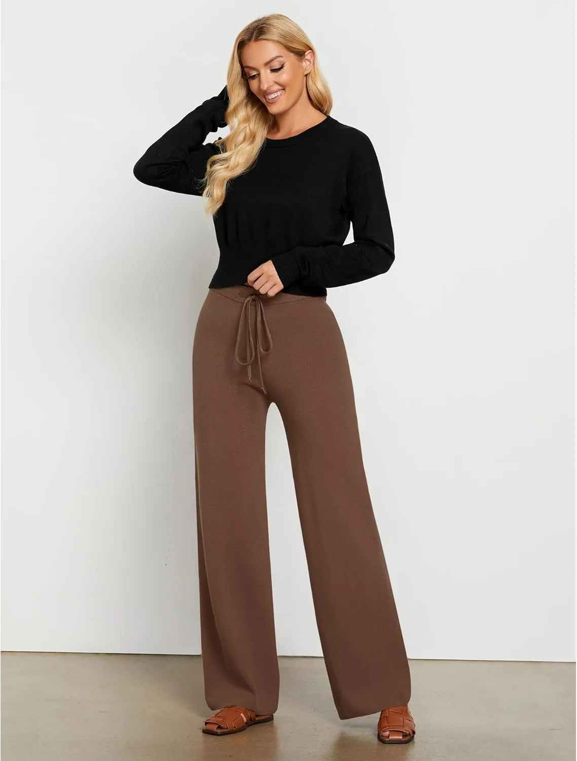 GRAPENT Women's Ribbed Knit Flowy Winter Pants Elastic Waist Tie Front Wide Leg Sweater Pants