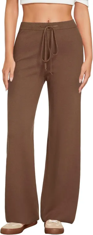 GRAPENT Women's Ribbed Knit Flowy Winter Pants Elastic Waist Tie Front Wide Leg Sweater Pants