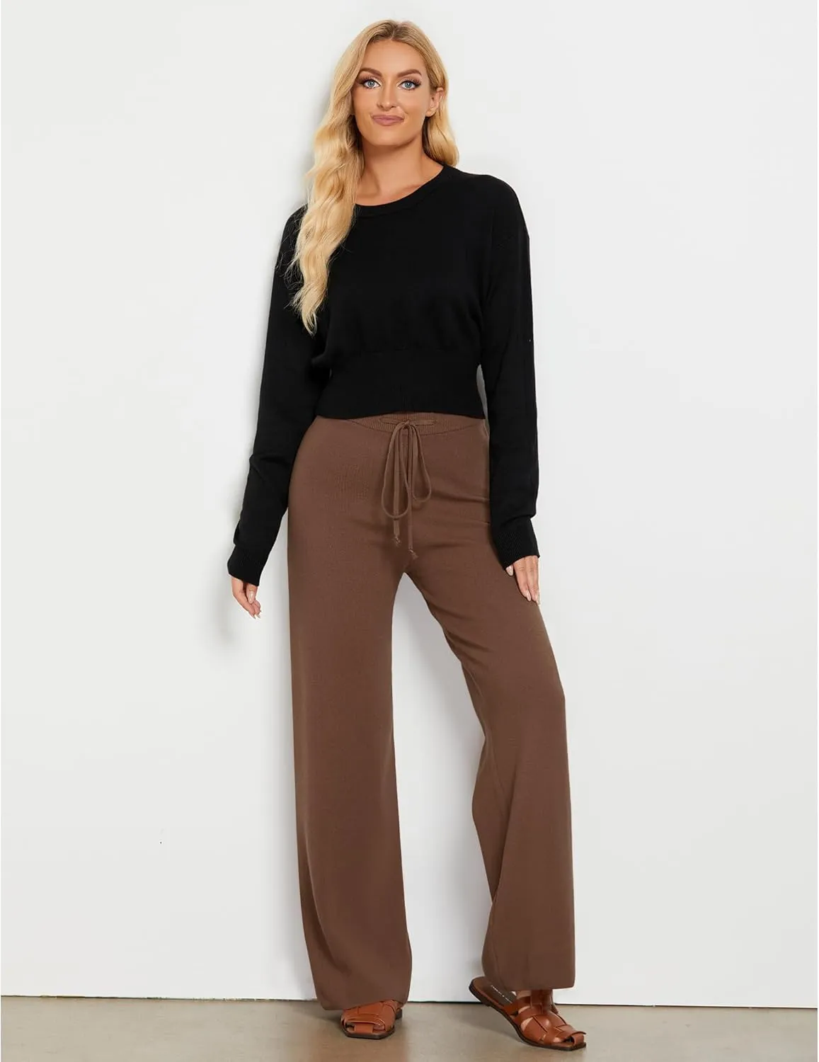 GRAPENT Women's Ribbed Knit Flowy Winter Pants Elastic Waist Tie Front Wide Leg Sweater Pants