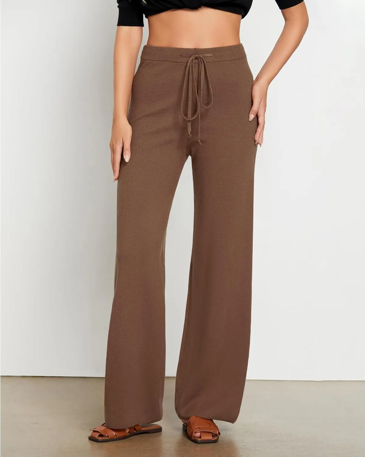 GRAPENT Women's Ribbed Knit Flowy Winter Pants Elastic Waist Tie Front Wide Leg Sweater Pants