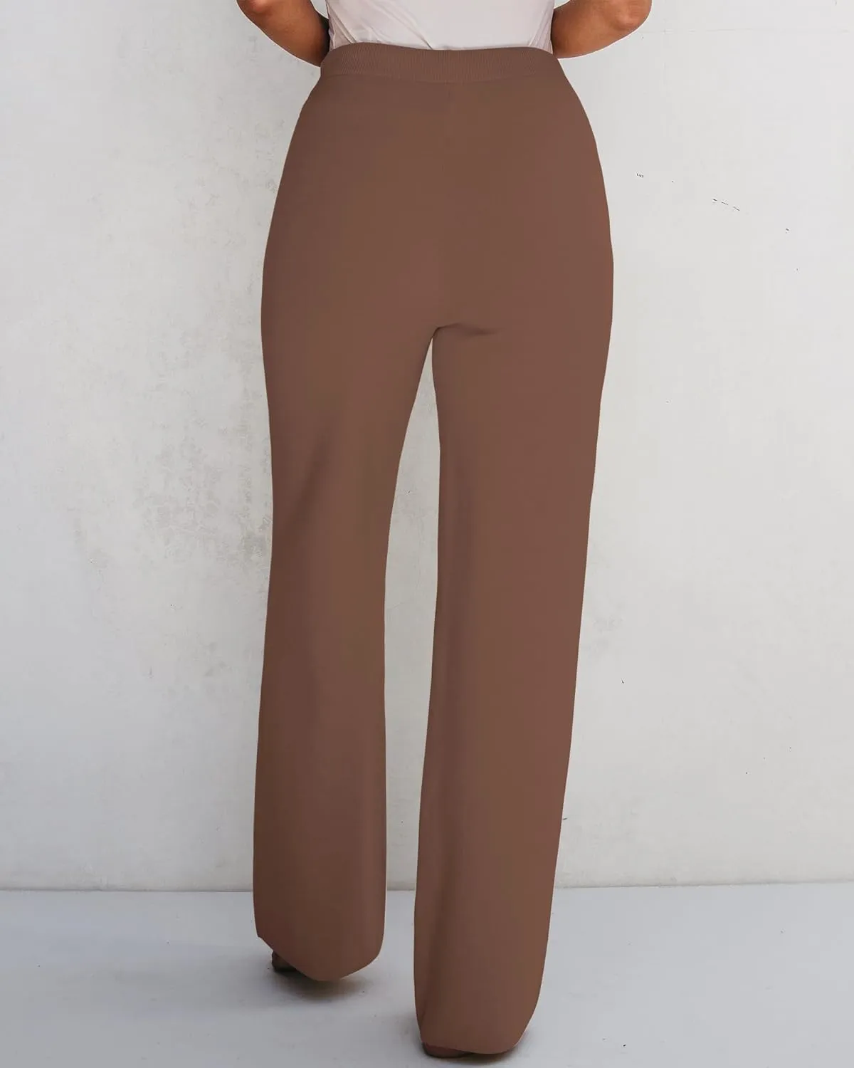GRAPENT Women's Ribbed Knit Flowy Winter Pants Elastic Waist Tie Front Wide Leg Sweater Pants