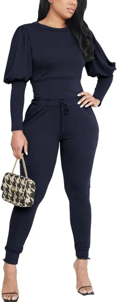 HBQ Women 2 Pieces Outfits Puff Sleeve Top And Jogger Pants Sweatpants Set Tracksuits
