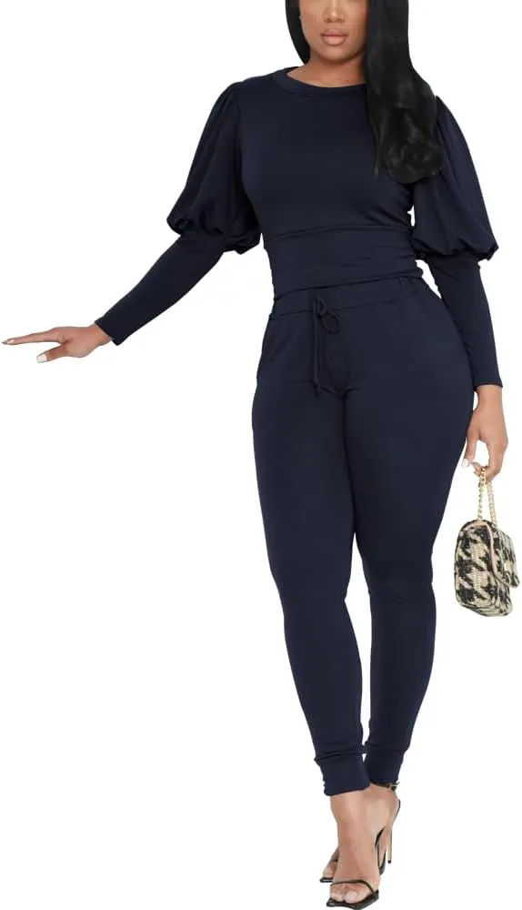 HBQ Women 2 Pieces Outfits Puff Sleeve Top And Jogger Pants Sweatpants Set Tracksuits