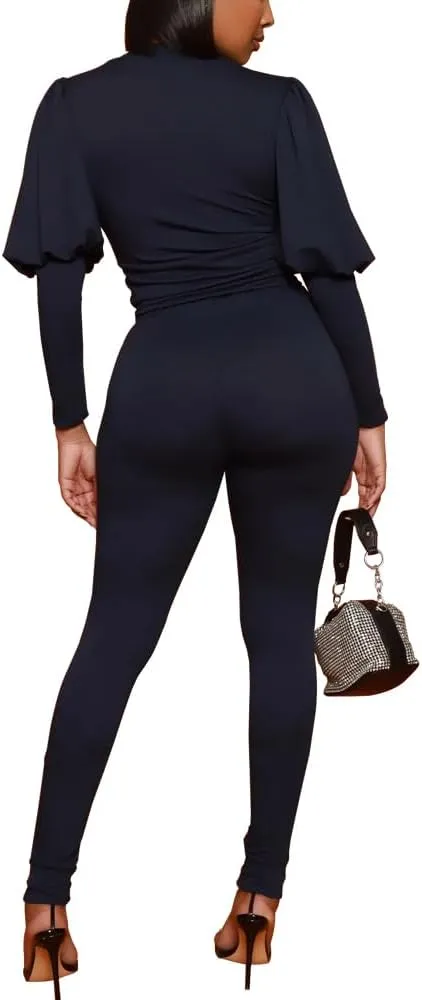 HBQ Women 2 Pieces Outfits Puff Sleeve Top And Jogger Pants Sweatpants Set Tracksuits