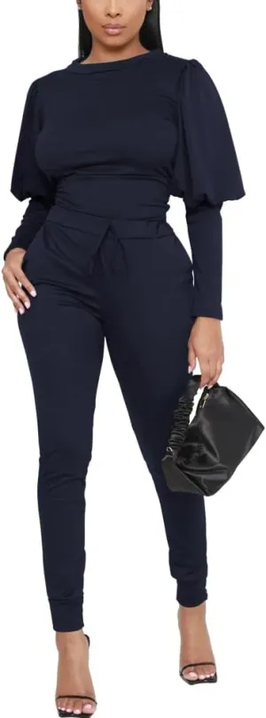 HBQ Women 2 Pieces Outfits Puff Sleeve Top And Jogger Pants Sweatpants Set Tracksuits