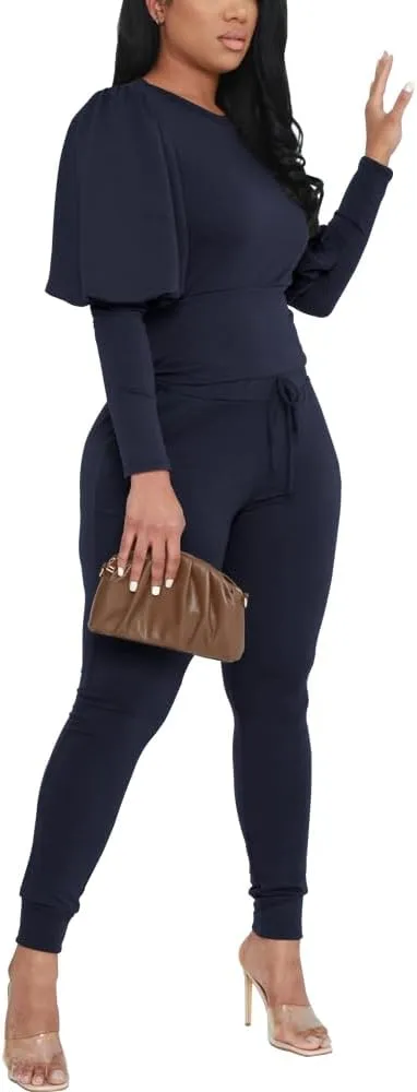 HBQ Women 2 Pieces Outfits Puff Sleeve Top And Jogger Pants Sweatpants Set Tracksuits