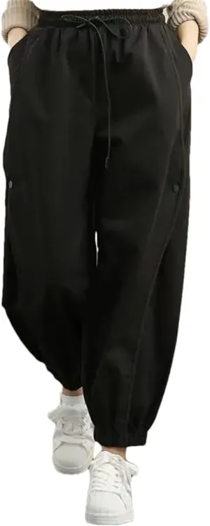 Hndudnff Women Solid Elastic Waist Harem Pants Casual High Waist Bloomers Buttons Loose Trouser