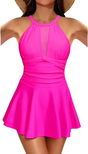 Holipick Women's One Piece Swim Dress High Neck Swimsuit Tummy Control Halter Modest Skirt Bathing Suits Long Swimdress
