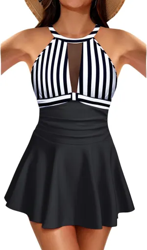 Holipick Women's One Piece Swim Dress High Neck Swimsuit Tummy Control Halter Modest Skirt Bathing Suits Long Swimdress