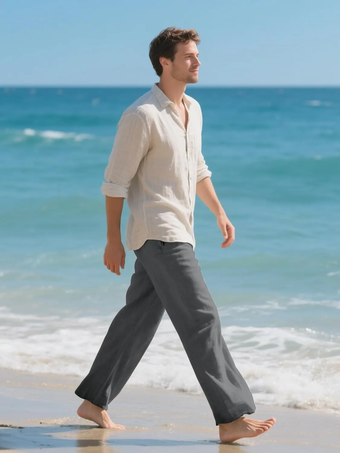 HOTake Men's Linen Pants Casual Beach Summer Vacation Linen Dress Pants Loose Fit