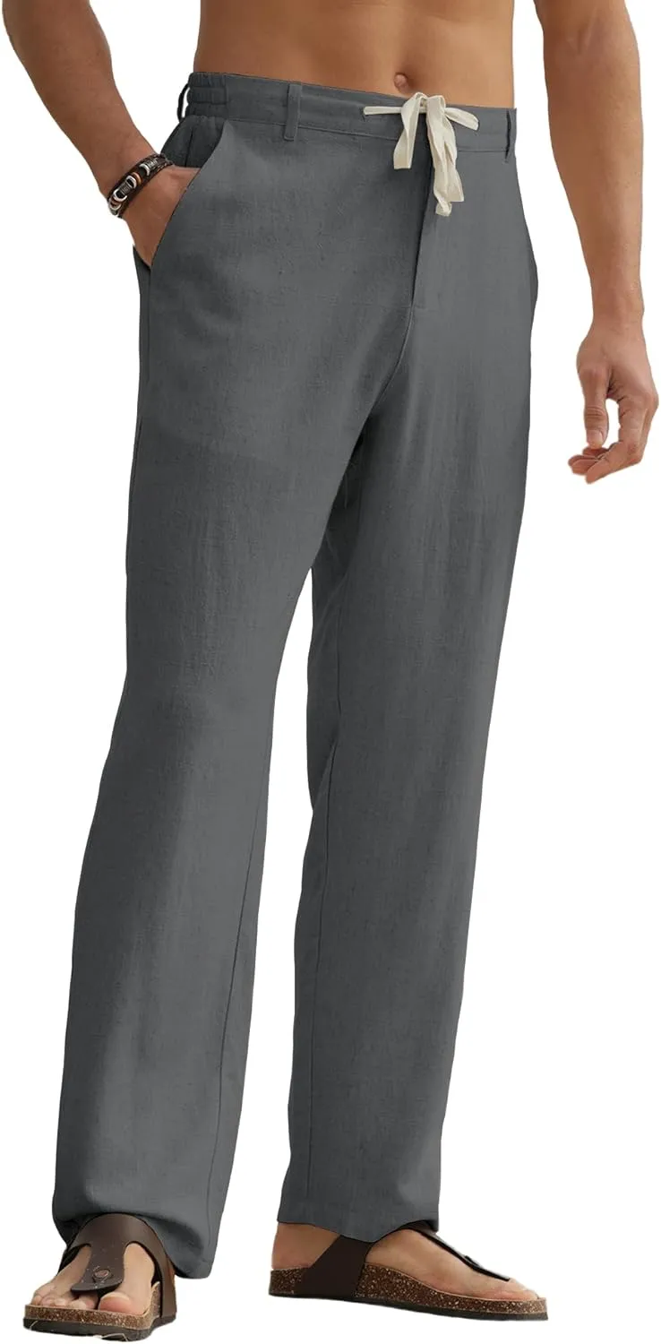 HOTake Men's Linen Pants Casual Beach Summer Vacation Linen Dress Pants Loose Fit