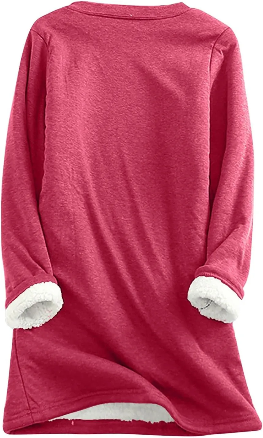 HXHYQKP Fleece Lined Sweatshirt Women's Sherpa Lined Sweatshirt Winter Warm Fleece Crewneck Pullover Loungewear