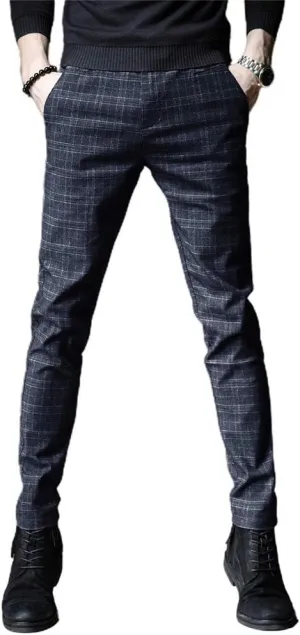 IDEALSANXUN Men Dress Plaid Pants Chino Casual Slim Fit Skinny Stretch Pants