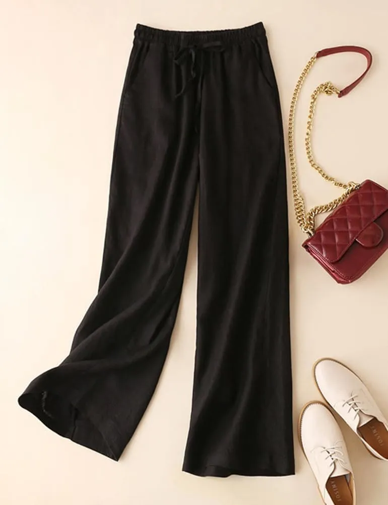 IDEALSANXUN Womens Casual Elastic Waist Cotton Linen Straight Leg Pants Loose Fit Palazzo Pants