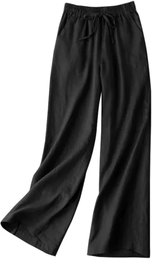 IDEALSANXUN Womens Casual Elastic Waist Cotton Linen Straight Leg Pants Loose Fit Palazzo Pants