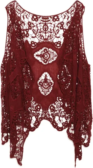 JASTIE Women Open Stitch Cardigan Boho Sleeveless Hippie Summer Hollow Out Solid Crochet Vest