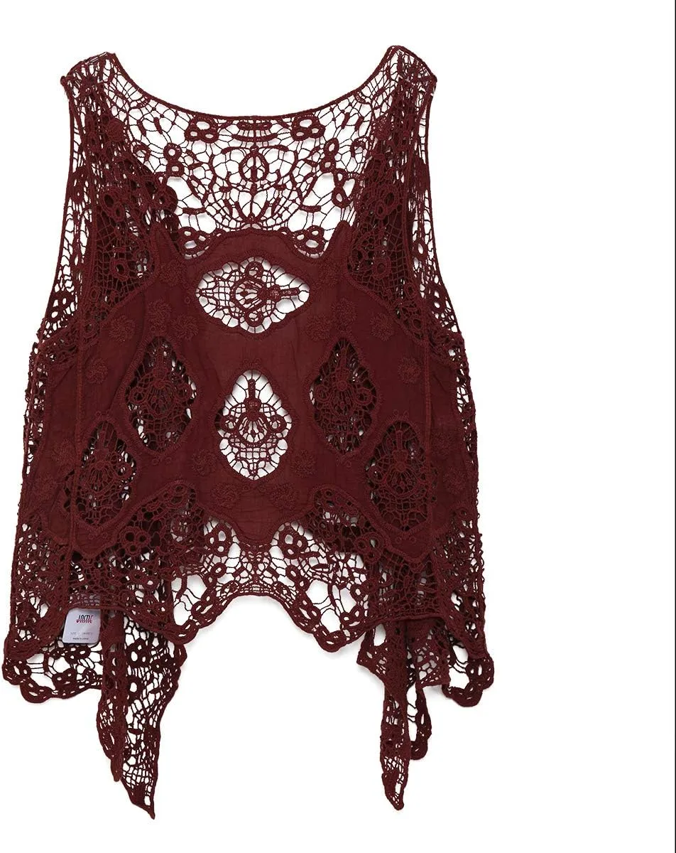 JASTIE Women Open Stitch Cardigan Boho Sleeveless Hippie Summer Hollow Out Solid Crochet Vest