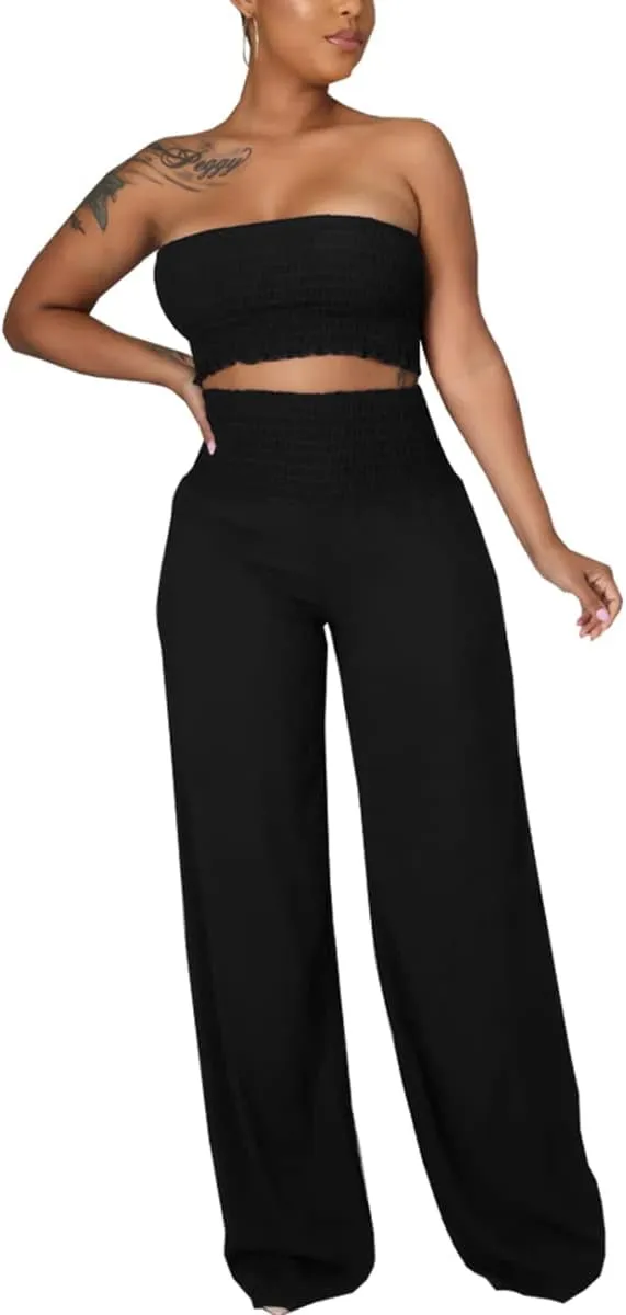 JTNFairy 2 Piece Outfits Women Stretchy sleeveless Solid color Bodycon Casual Crop Tube Top and Flare Leg Pants Sets SkyBlue