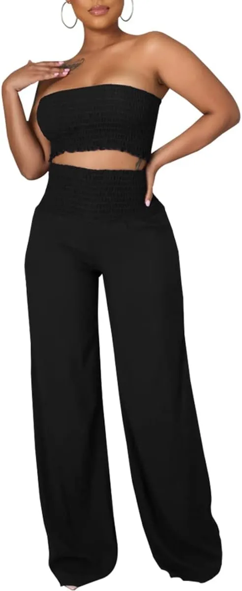 JTNFairy 2 Piece Outfits Women Stretchy sleeveless Solid color Bodycon Casual Crop Tube Top and Flare Leg Pants Sets SkyBlue