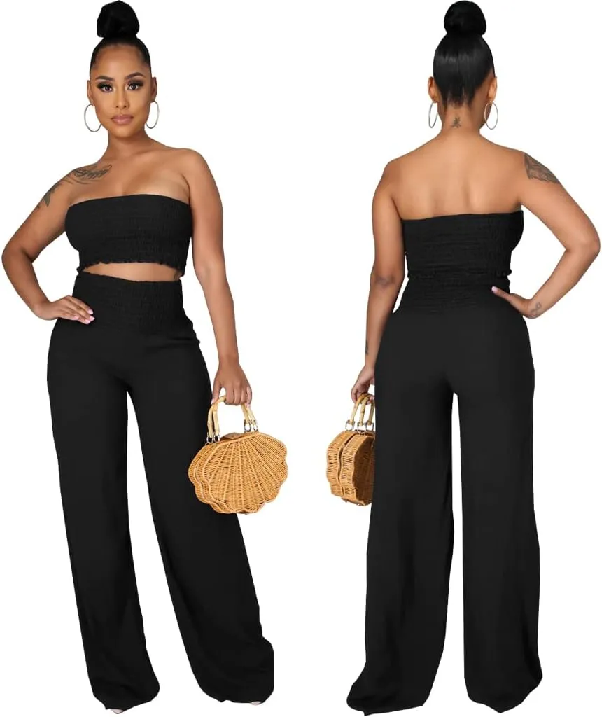 JTNFairy 2 Piece Outfits Women Stretchy sleeveless Solid color Bodycon Casual Crop Tube Top and Flare Leg Pants Sets SkyBlue