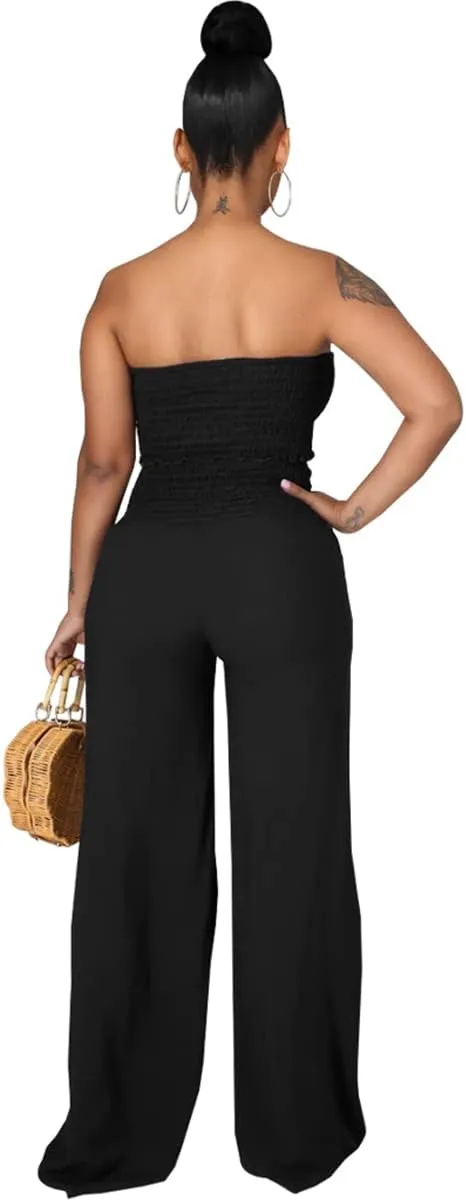 JTNFairy 2 Piece Outfits Women Stretchy sleeveless Solid color Bodycon Casual Crop Tube Top and Flare Leg Pants Sets SkyBlue