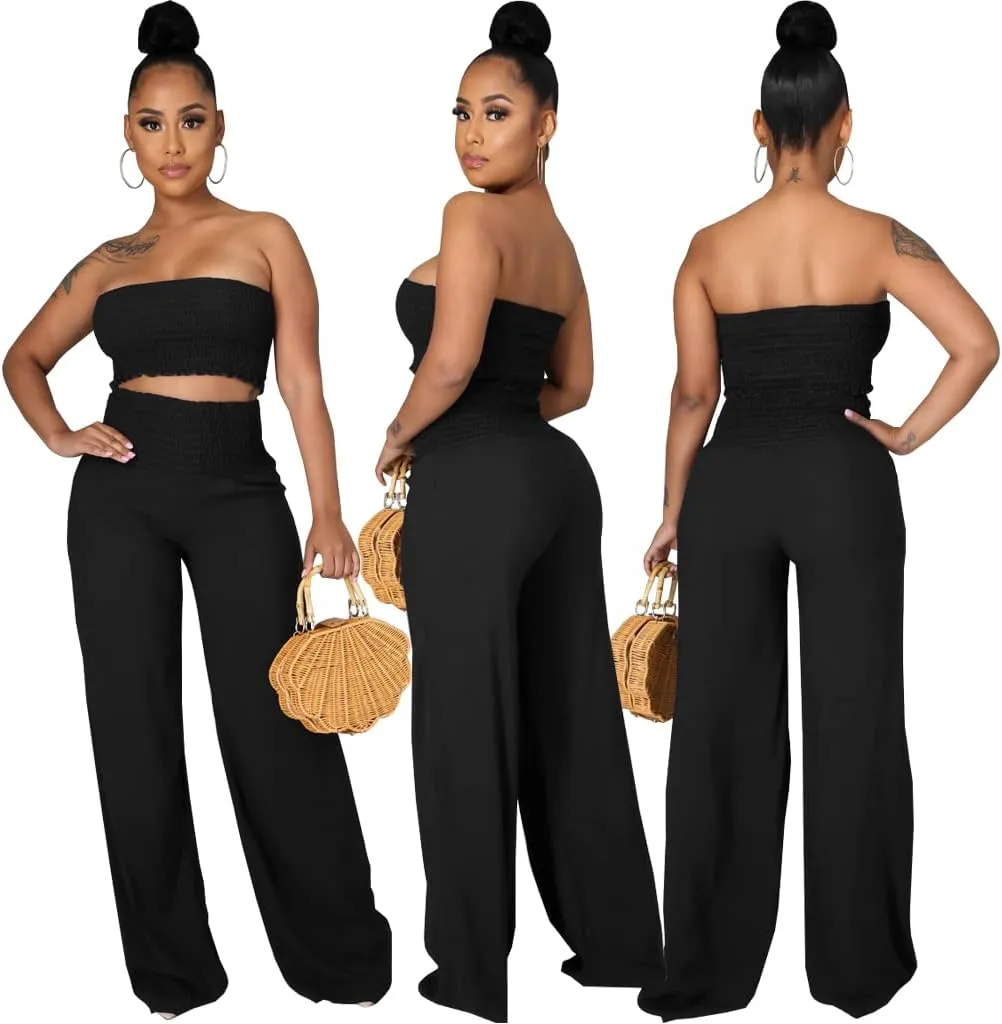 JTNFairy 2 Piece Outfits Women Stretchy sleeveless Solid color Bodycon Casual Crop Tube Top and Flare Leg Pants Sets SkyBlue