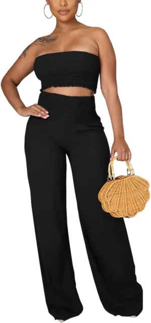 JTNFairy 2 Piece Outfits Women Stretchy sleeveless Solid color Bodycon Casual Crop Tube Top and Flare Leg Pants Sets SkyBlue