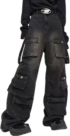 jupkem Men's Baggy Jeans Y2k Goth Wide Leg with Multiple Pockets Women Fashion 90s Hiphop Cargo Pants Y2k Harajuku Streetwear