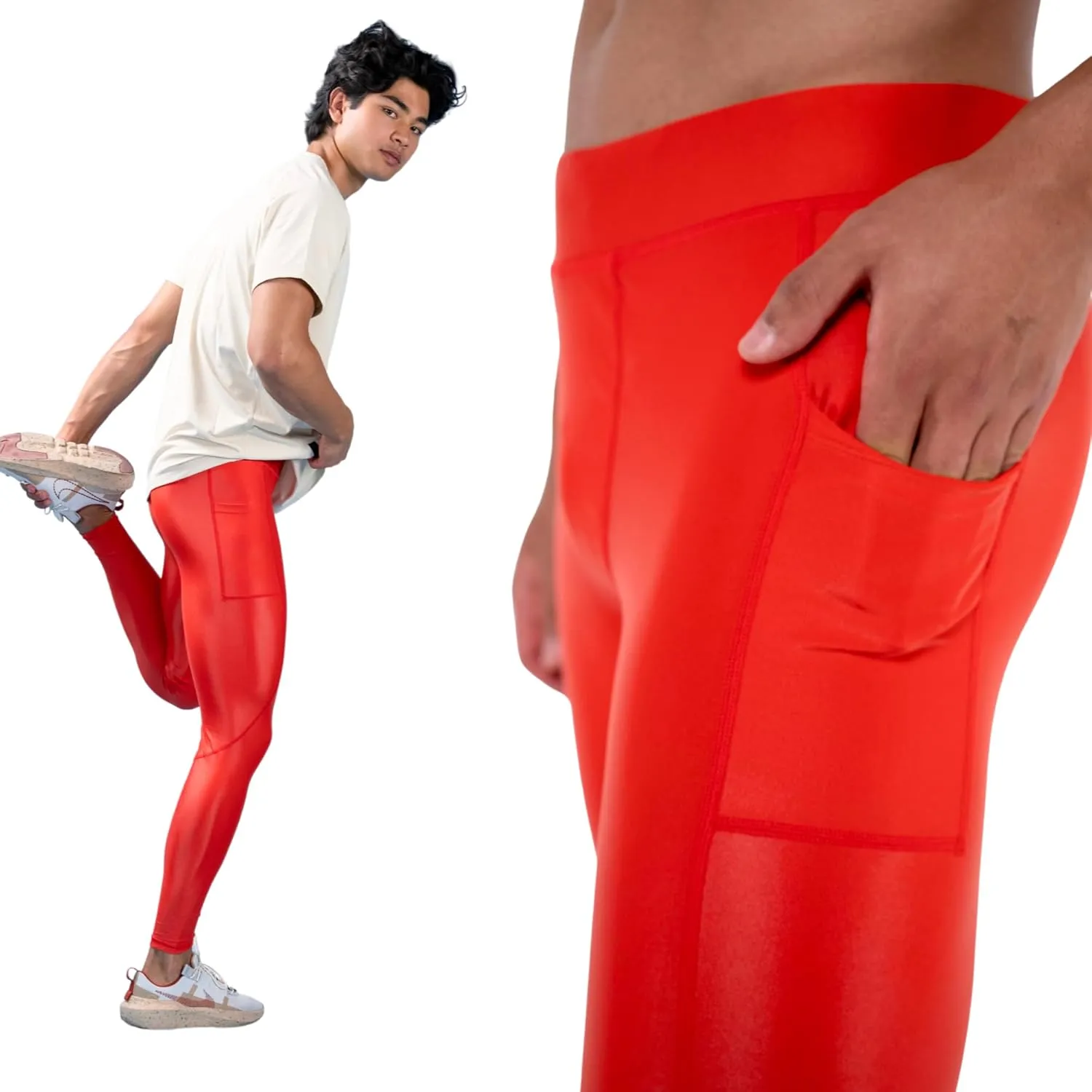 Kapow Meggings Shiny Performance Leggings - Compression Pants for Men with Pockets