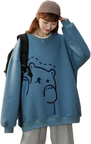Kawaii Bear Print Oversized Sweatshirt for Women Cute Long Sleeve Vintage Crewneck Sweatshirts Pullover Y2K Sweater