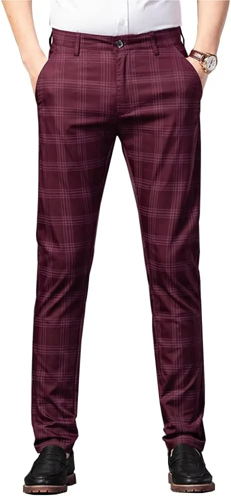 Kinghua Mens Plaid Pants Casual Stretch Slim Fit Dress Chinos Pants