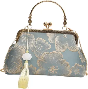 Kiss Lock Crossbody Purse Change Purse Tote Chinese Style Satchel Crossbody Bag Blue