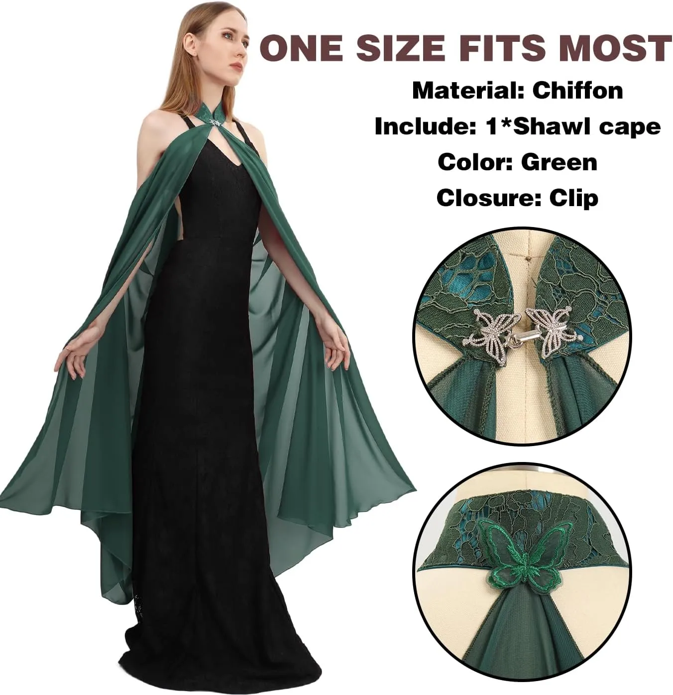 KUOIN Women's Chiffon Sheer Cape Gothic Tulle Cloak Halloween Wedding Bridal Collared Shawls Full-Length 130CM