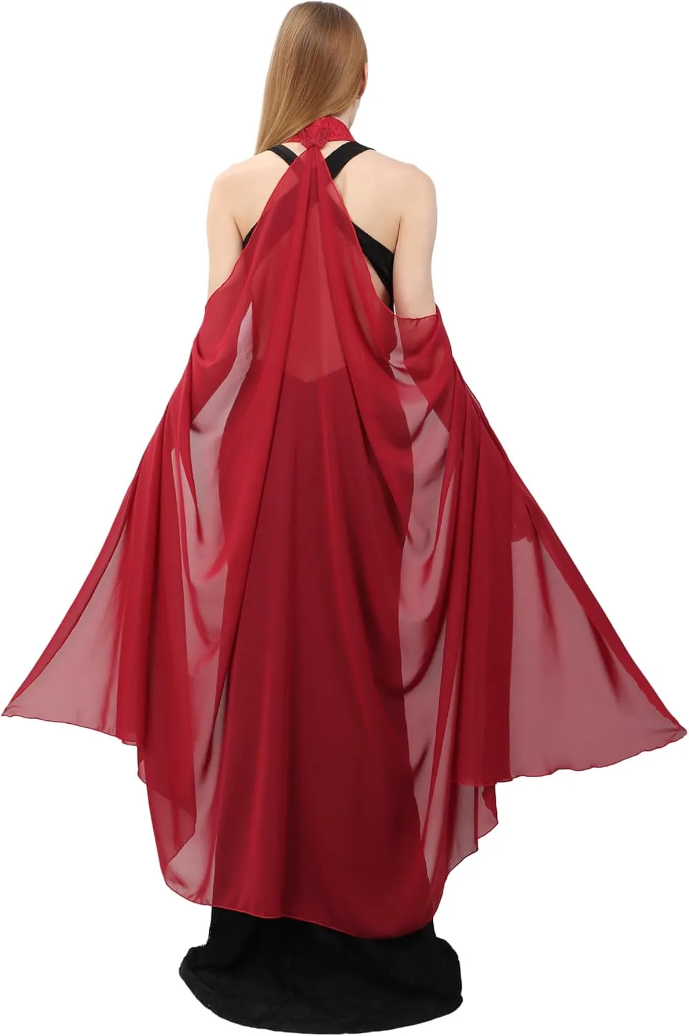 KUOIN Women's Chiffon Sheer Cape Gothic Tulle Cloak Halloween Wedding Bridal Collared Shawls Full-Length 130CM