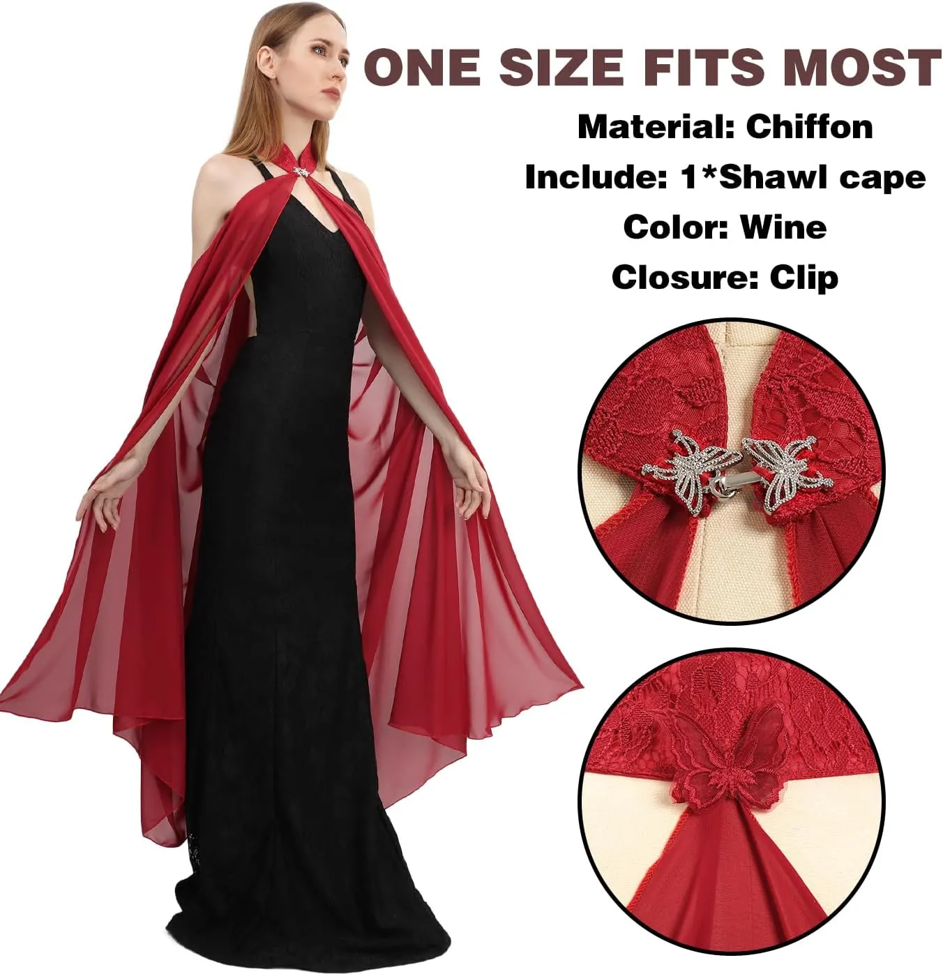 KUOIN Women's Chiffon Sheer Cape Gothic Tulle Cloak Halloween Wedding Bridal Collared Shawls Full-Length 130CM